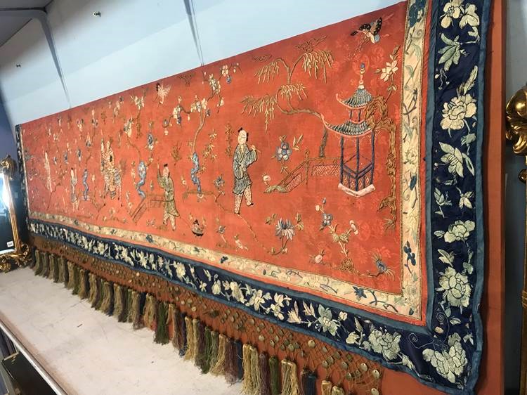 A fine 19th century Chinese panel on silk, decorated with figures and flowers, 220 x 53cm - Image 11 of 17