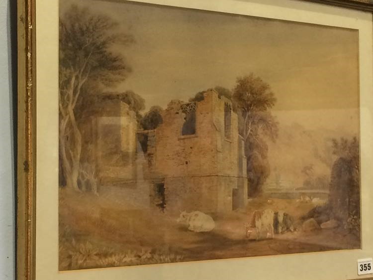 W.R. Robinson, watercolour, signed, dated 1844, 'Cattle resting by a castle ruin', 33 x 50cm