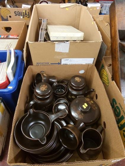 A box of Royal Doulton 'Basque' pottery and a box of plated items