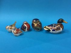 Five various Royal Crown Derby bird paper weights (all with gold stoppers)