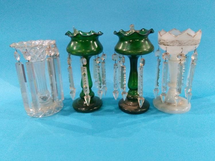 A pair of green glass lustres and two other lustres - Image 2 of 2