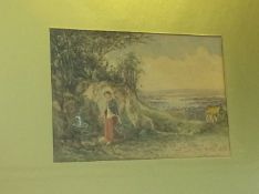 Watercolour, monogrammed, dated 1898, 'Landscape with lady collecting water from a well', 18 x 26cm