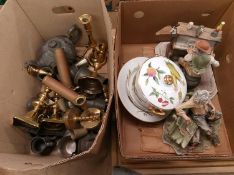 Two boxes of pewter, brass, figures and china