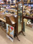 Walnut bureau and a cheval mirror