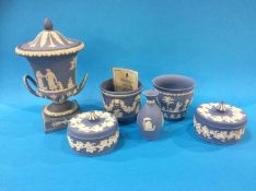 A Wedgwood blue jasperware 'Loving Cup' and five other pieces