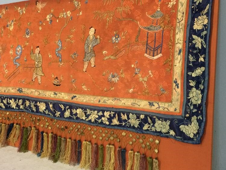 A fine 19th century Chinese panel on silk, decorated with figures and flowers, 220 x 53cm - Image 2 of 17