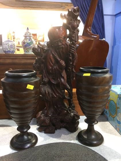 Pair of treen vases and a rootman figure