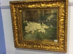 Oil on canvas, ducks on a river bank, in gilt frame