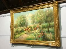 Oil on canvas, cattle in a country lane, in gilt frame