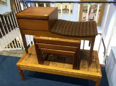 Teak and tiled coffee table, nest of tables and telephone seat