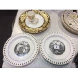 Pair of ribbon plates, Royal Crown Derby coffee can etc.