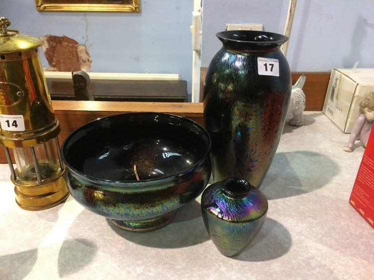 Three pieces of iridescent glass