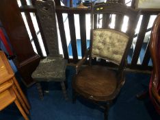 A carved chair and a nursing chair