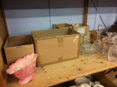 Three boxes of glassware, decanters, bowls etc. an