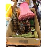 Box of figures, lamps, carpet bowls etc.