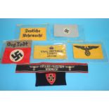 Seven German arm bands to include 'War Veterans', 'Deutscher Volksstrum' arm band, Civil Defense