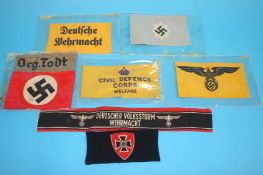 Seven German arm bands to include 'War Veterans', 'Deutscher Volksstrum' arm band, Civil Defense