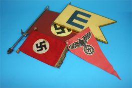 A Hitler Youth car pennant, a small desk drape, a political pennant, an Officer's silk handkerchief,