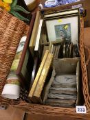 Basket of prints, books, 19th century blue and white tiles etc.