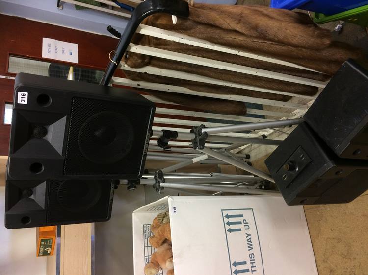 Two pairs of stage system 80 speakers and stands b