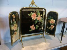 Victorian brass and painted glass fire screen