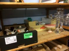 Pair of modern glass candelabra and two boxes of P