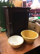 A pine meat safe and two bowls