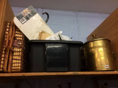 Brass coal boxes, tools, picnic set etc.