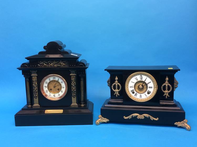 A slate mantle clock and one other