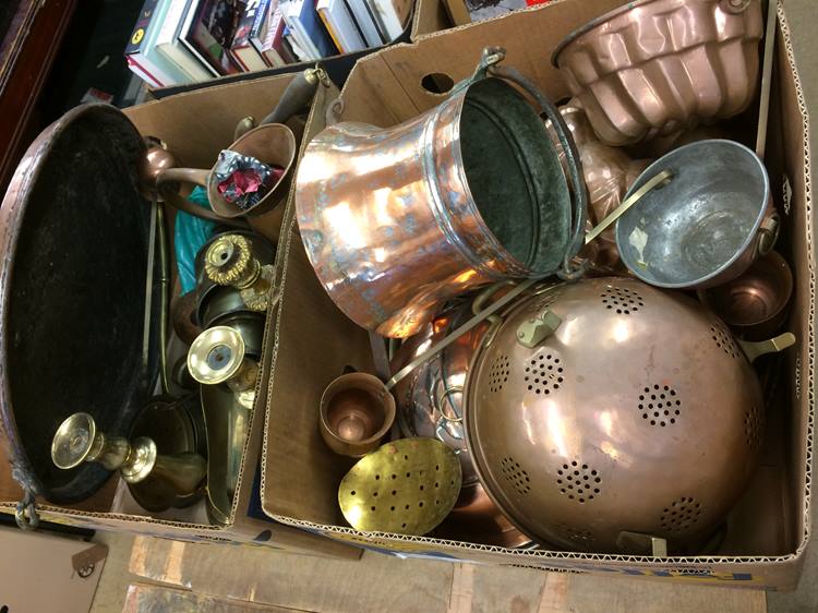 Two boxes of copper and brassware