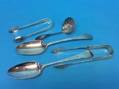 Two pairs of sugar tongs, pair of serving spoons etc. Various makers marks, 6.4 oz