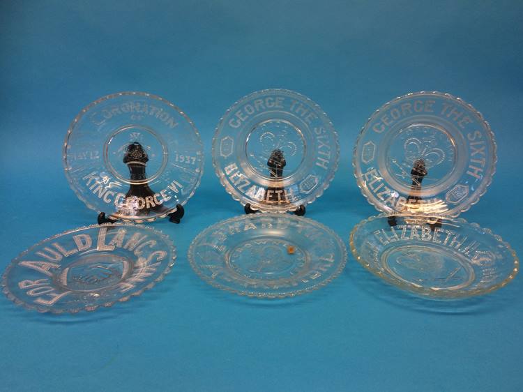 Collection of six flint glass commemorative dishes