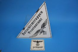 A German Third Reich enamelled sign 'Feldpost' (Military Mail Service) and another triangular