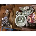 A box of silver plated wares and a box of china