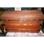 Vintage rexine and wooden bound dome top trunk, he