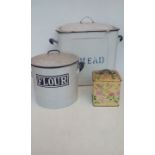 Enamel bread bin, flour jar and biscuit barrel