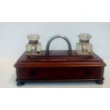 Victorian mahogany double inkwell desk stand with