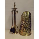 Brass coal scuttle with a brass fire companion set