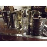 Collection of four tankards , hip flask and sugar