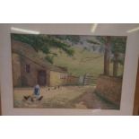 Watercolour, farm scene, indistinct signature