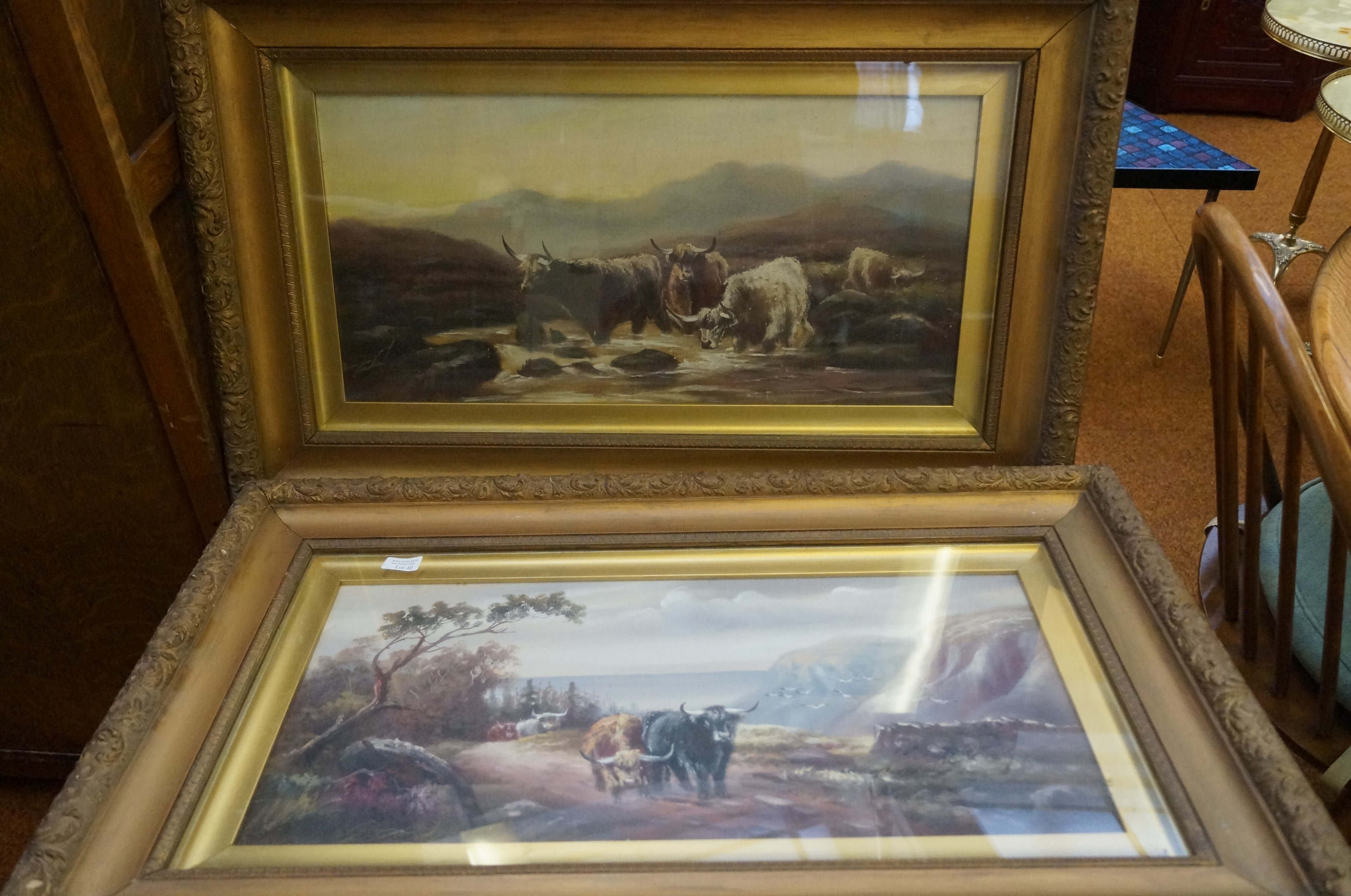 Pair of gilt framed paintings, Highland Cattle and landscape scenes, one signed,