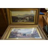 Pair of gilt framed paintings, Highland Cattle and landscape scenes, one signed,