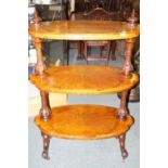 Victorian figured walnut thee tier whatnot, carved