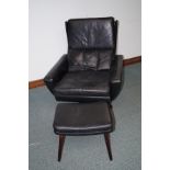 Mid century swivel easy chair in black leather with matching footstool