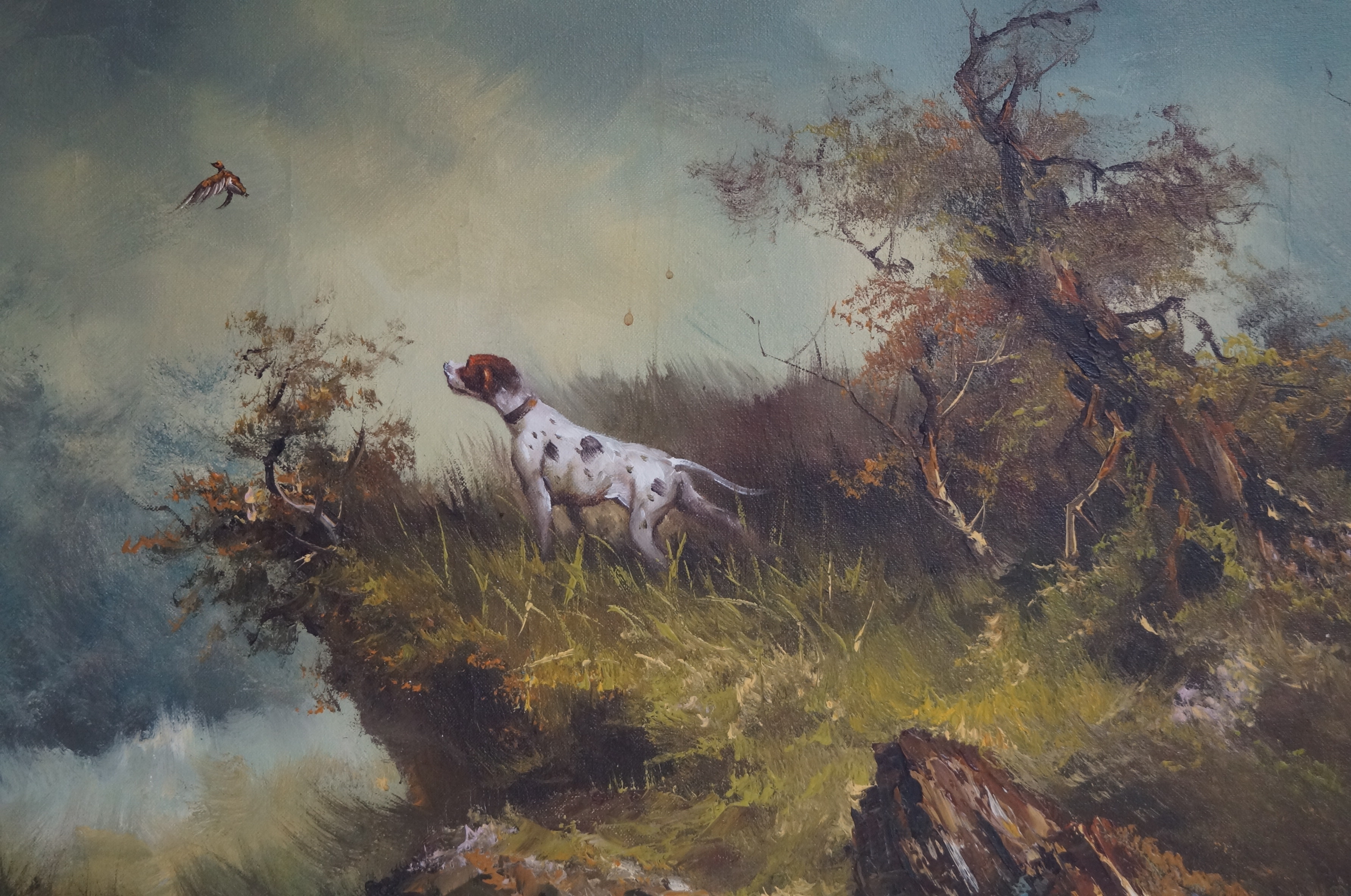 Oil on canvas hunting dog signed Hoffman 39x80cm
