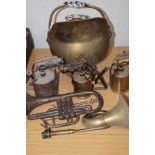 Coal scuttle, trumpet, lamps and one other