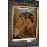 Framed crystoleum depicting two ladies