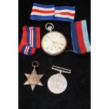 Cyma military pocket watch with World War II medal