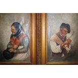 Pair of framed oil canvas, depicting peasants, sig