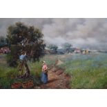 Oil on canvas depicting apple pickers signed Anton